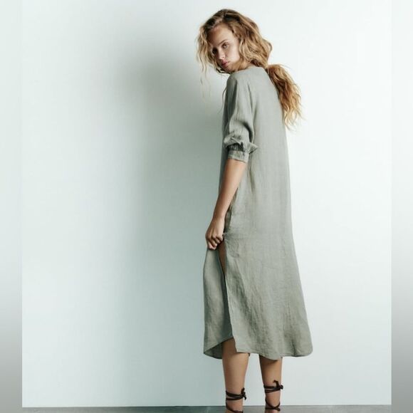 Zara 100% Linen Dress Pockets Khaki - Picture 6 of 11